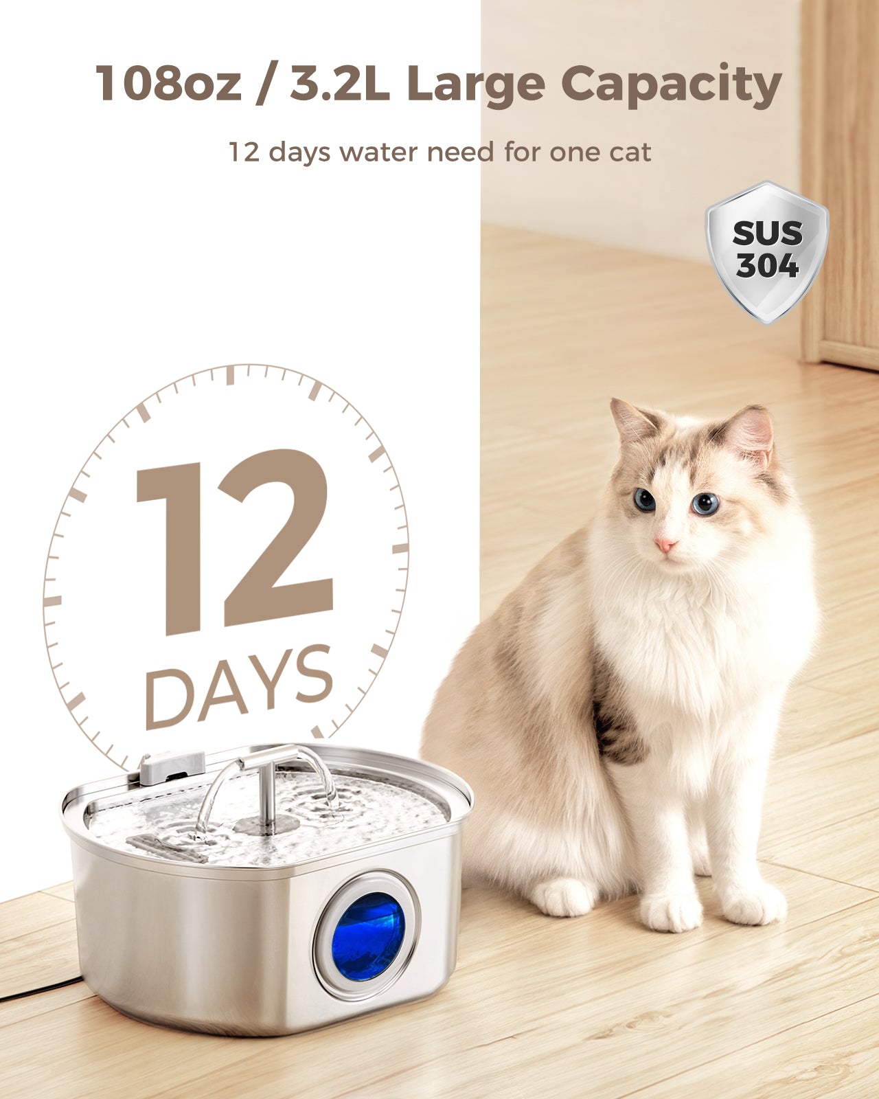 Cat Water Fountain Stainless Steel - 3.2L/108oz Automatic Water Dispenser with Watering Level Window (1 Filter)