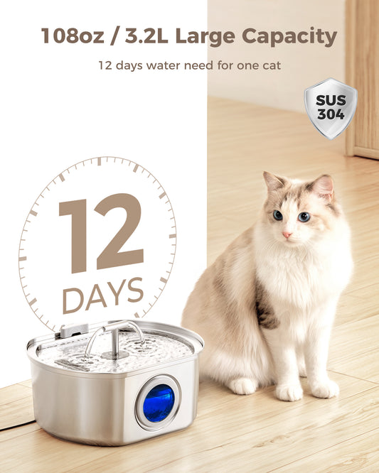 Oval Duo Cat Water Fountain Stainless Steel - 3.2L/108oz Automatic Water Dispenser with Watering Level Window (1 Filter)