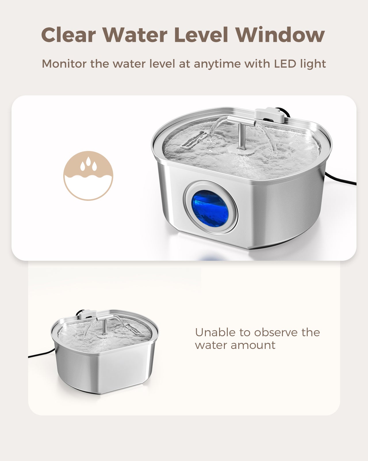 Cat Water Fountain Stainless Steel - 3.2L/108oz Automatic Water Dispenser with Watering Level Window (1 Filter)