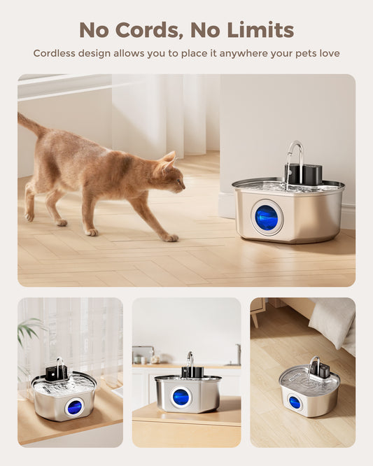 Oval Premium Cordless Cat Water Fountain - 108oz Stainless Steel for Quiet, Safe Hydration