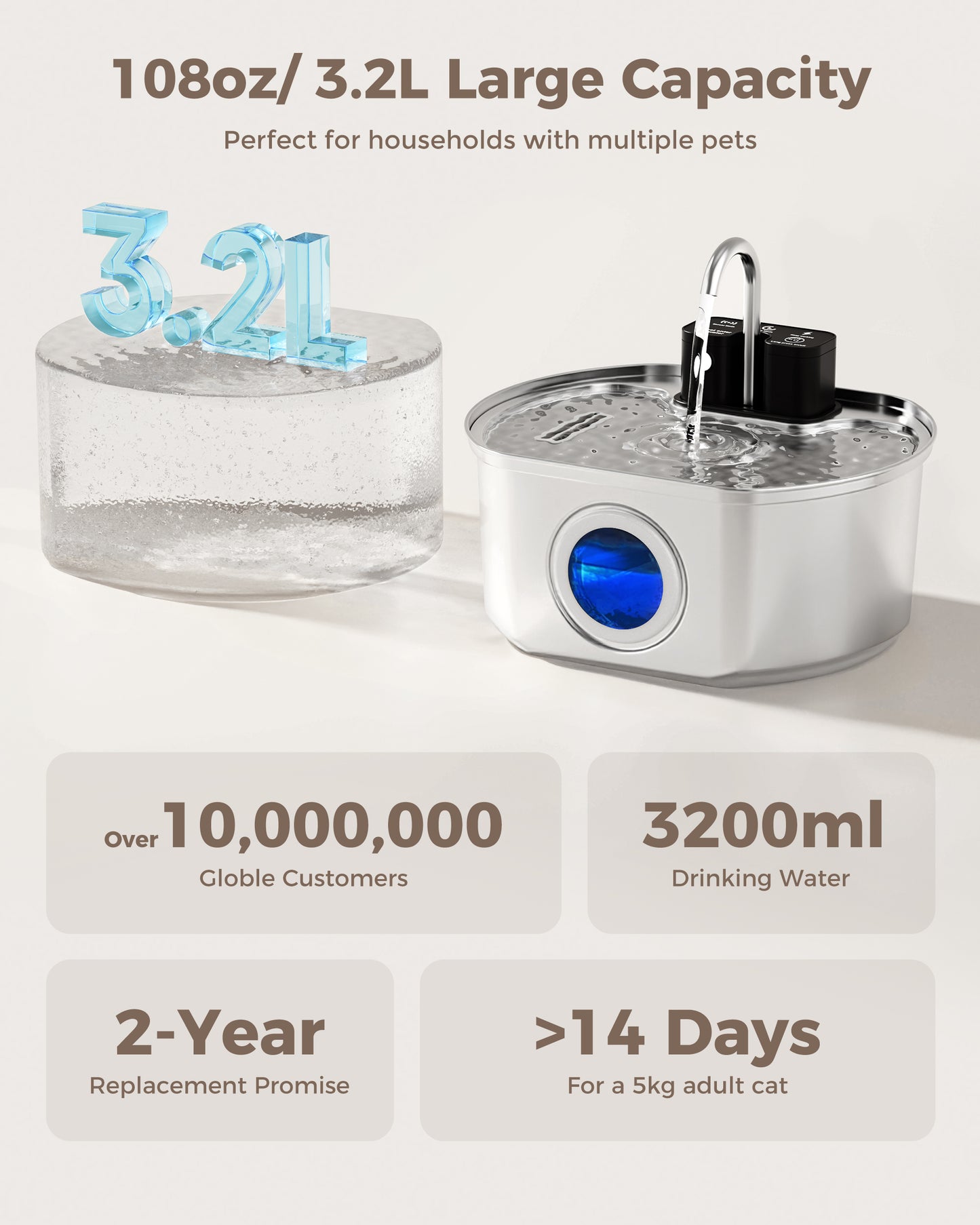 Oval Premium Cordless Cat Water Fountain - 108oz Stainless Steel for Quiet, Safe Hydration