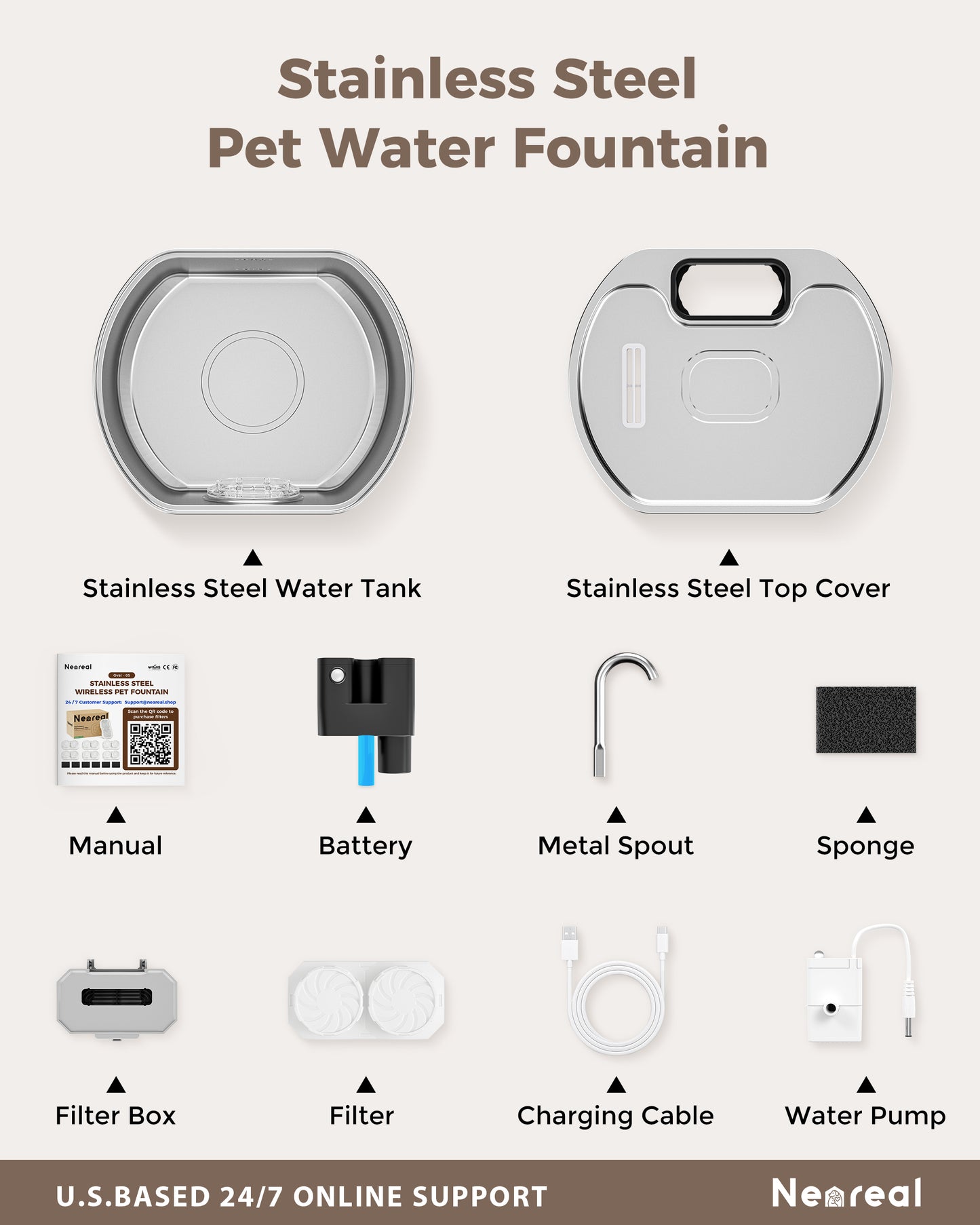 Oval Premium Cordless Cat Water Fountain - 108oz Stainless Steel for Quiet, Safe Hydration