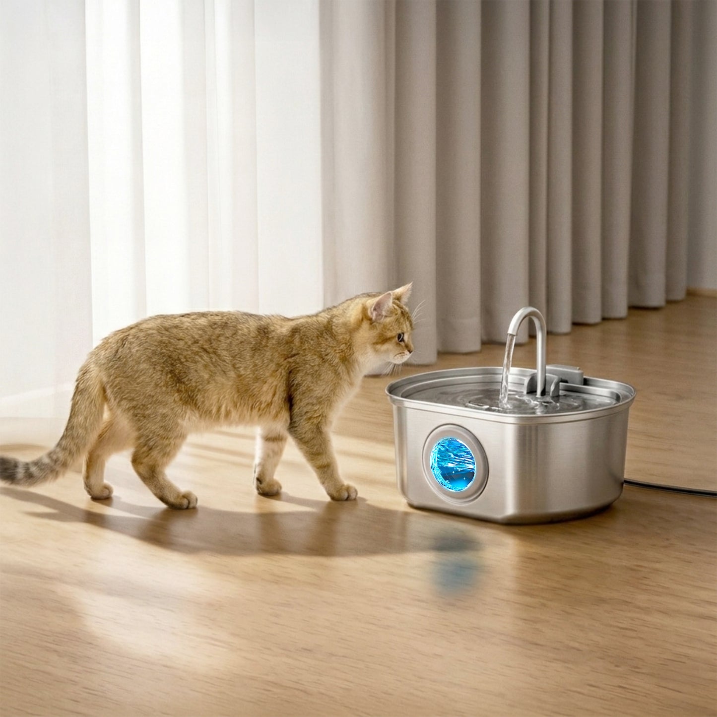 Oval Stainless Steel Cat Water Fountain - 108oz/3.2L with Water Window