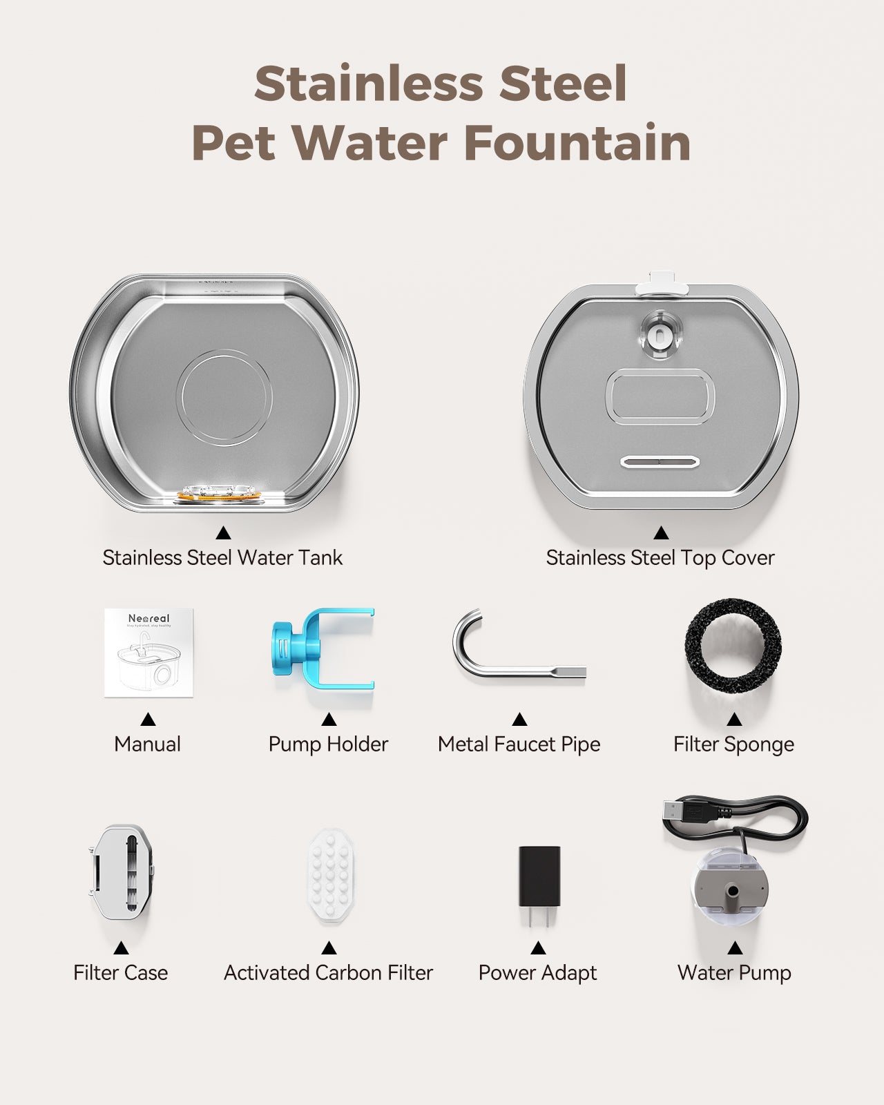 Oval Stainless Steel Cat Water Fountain - 108oz/3.2L with 4 Filters
