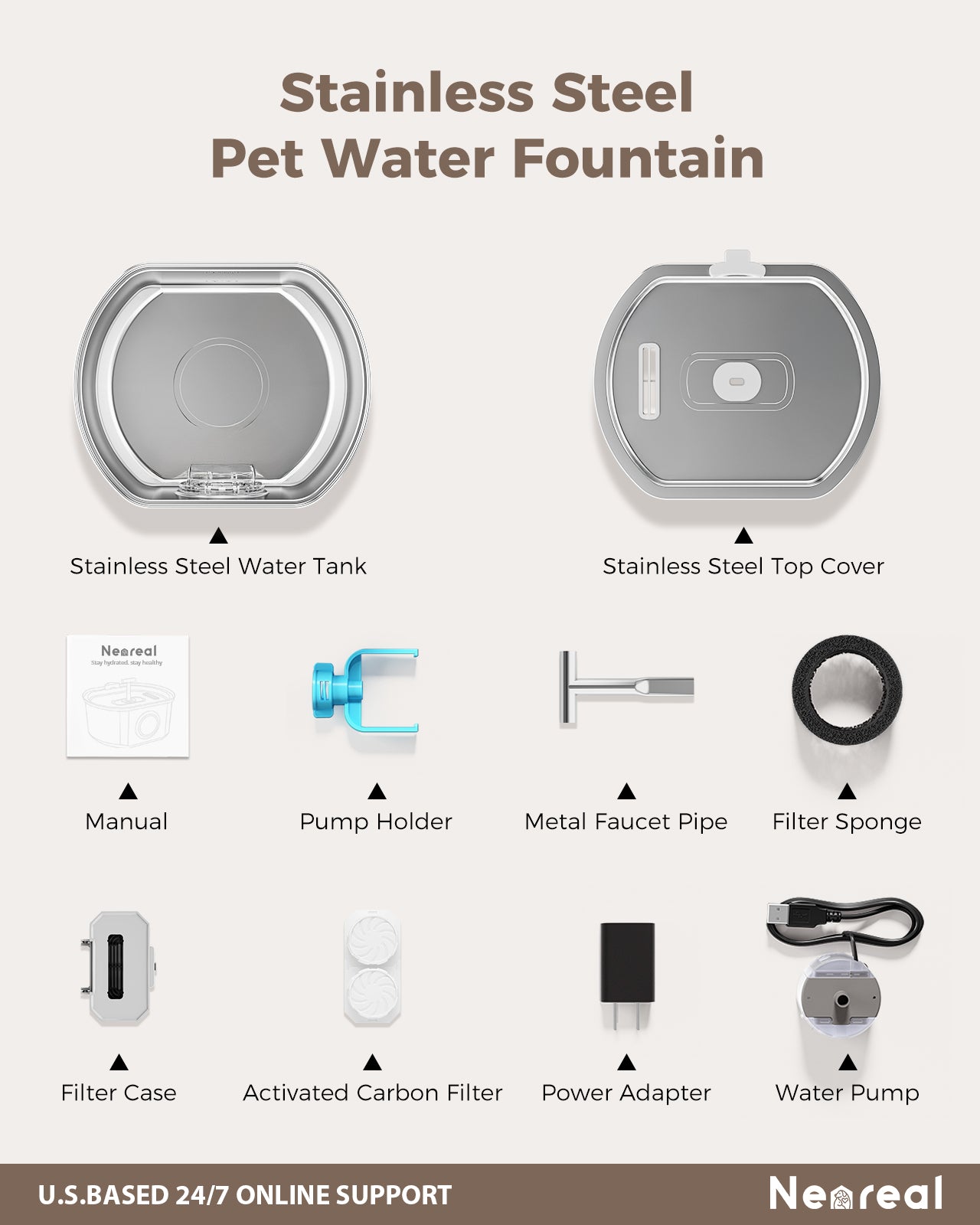 Oval Duo Cat Water Fountain Stainless Steel - 108oz/3.2L Watering Level Window
