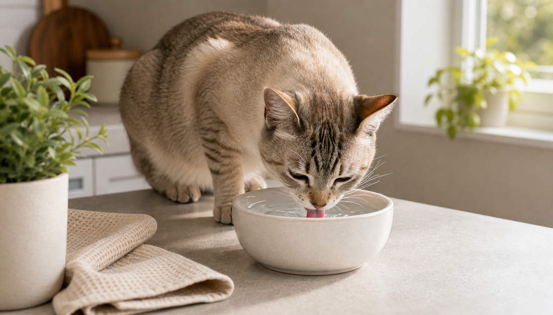 Cat drinking fresh water from a simple bowl in a bright home kitchen
