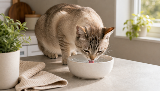 Cat drinking fresh water from a simple bowl in a bright home kitchen