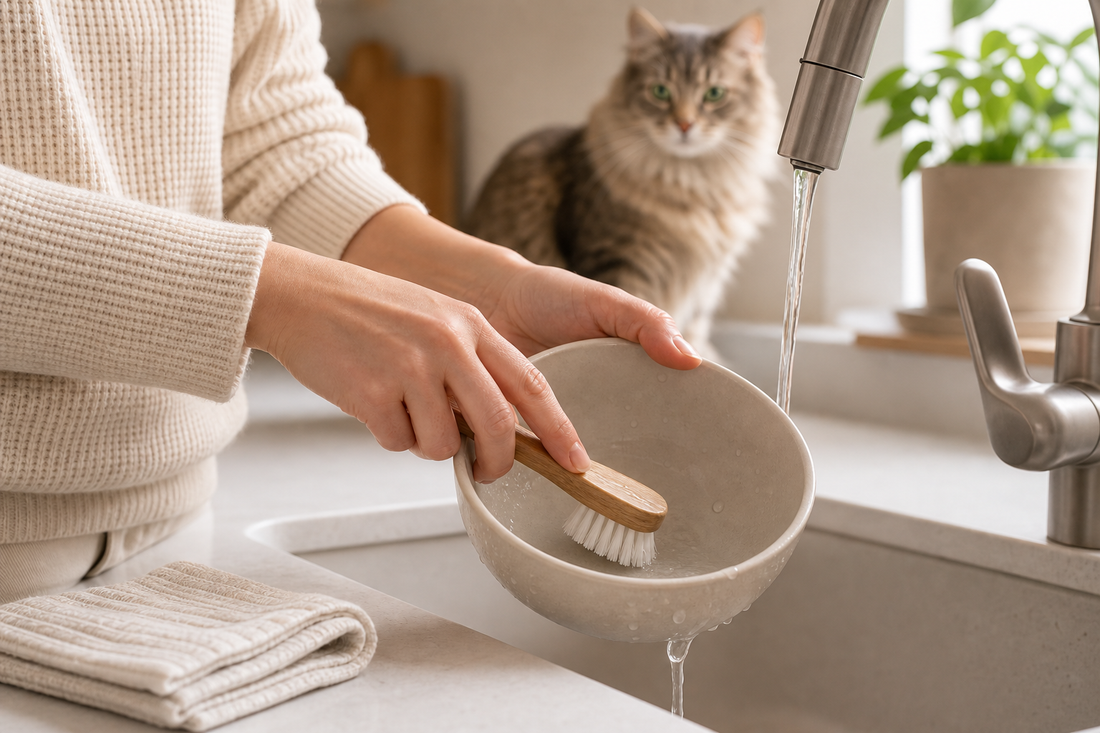 Pet parent cleaning a water bowl at a kitchen sink while a cat watches