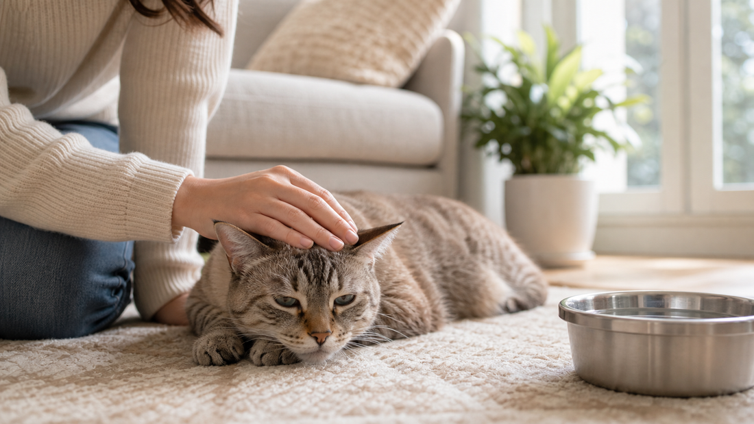 Pet parent gently checking on a cat with fresh water nearby