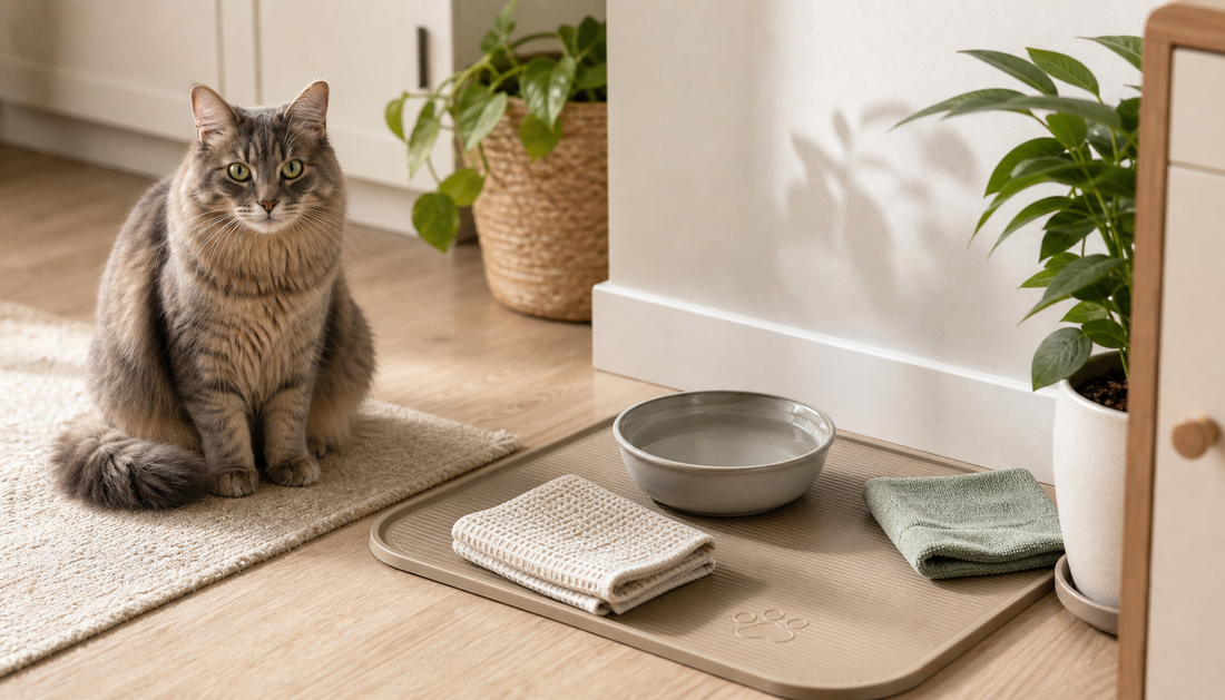 Clean pet drinking area with a cat, water bowl, towel, and mat