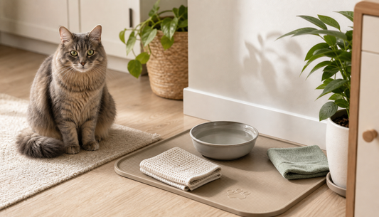 Clean pet drinking area with a cat, water bowl, towel, and mat