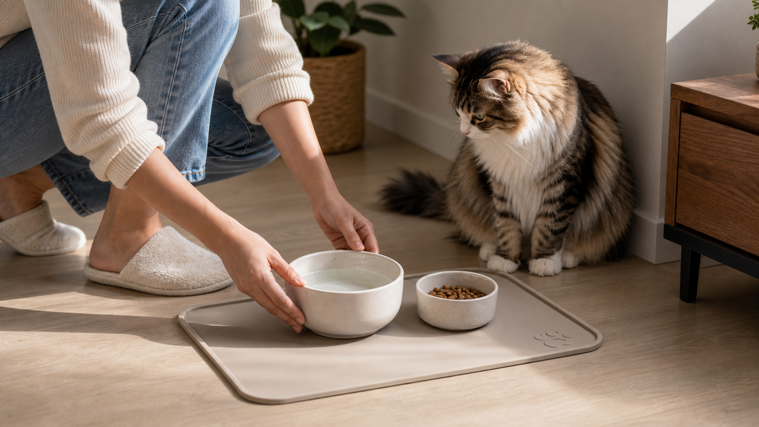 Pet parent setting up a clean water bowl and feeding area for a cat