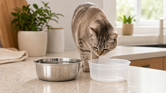 Cat comparing a stainless steel pet bowl and a plastic pet bowl at home