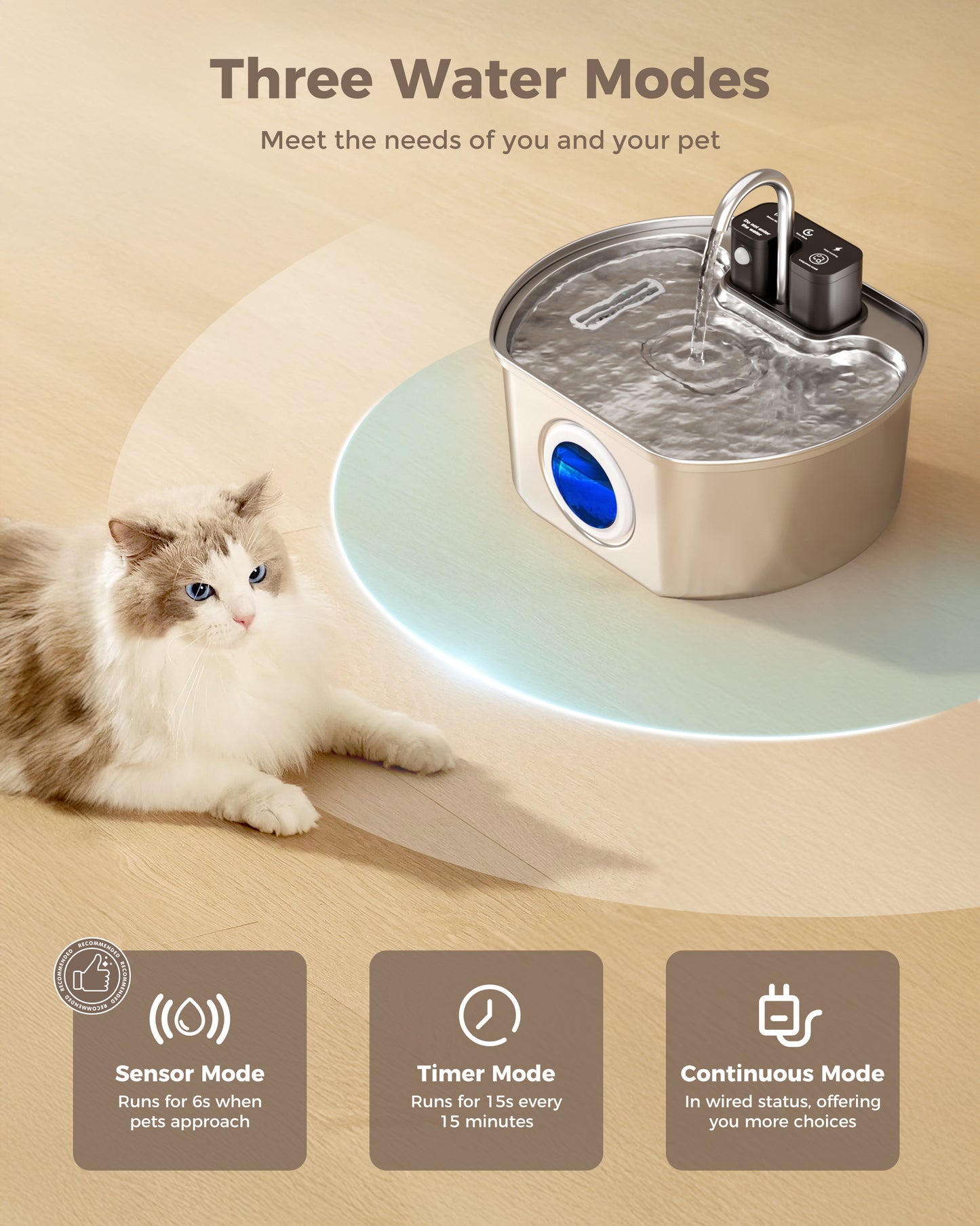 Oval Premium Cordless Cat Water Fountain - 108oz Stainless Steel for Quiet, Safe Hydration