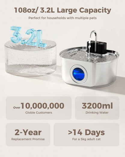 Oval Premium Cordless Cat Water Fountain - 108oz Stainless Steel for Quiet, Safe Hydration