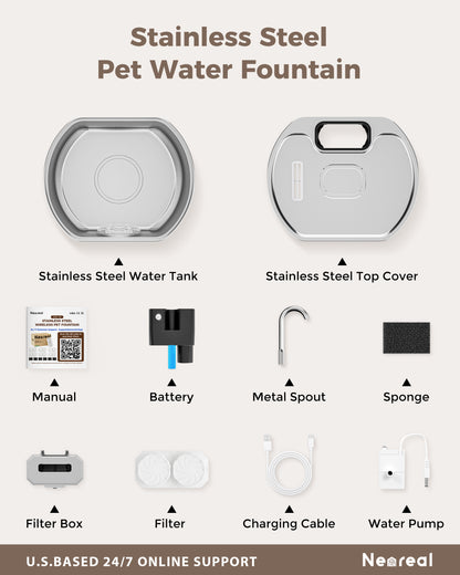 Oval Premium Cordless Cat Water Fountain - 108oz Stainless Steel for Quiet, Safe Hydration