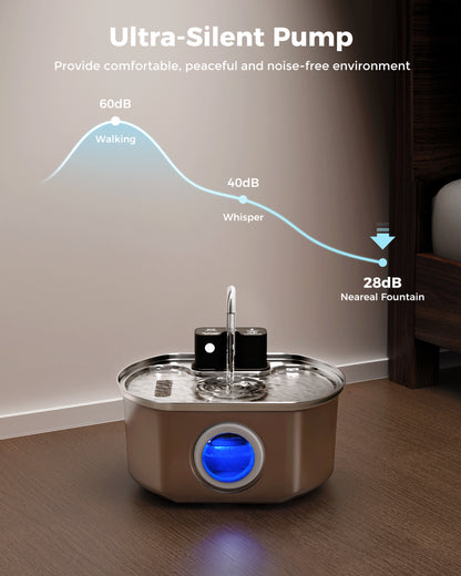 Oval Premium Cordless Cat Water Fountain - 108oz Stainless Steel for Quiet, Safe Hydration
