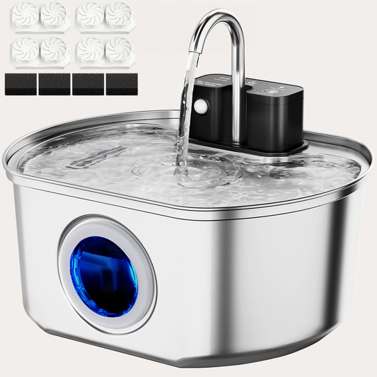 Oval Premium Cordless Cat Water Fountain - 108oz Stainless Steel for Quiet, Safe Hydration with 4 Replacement Filters