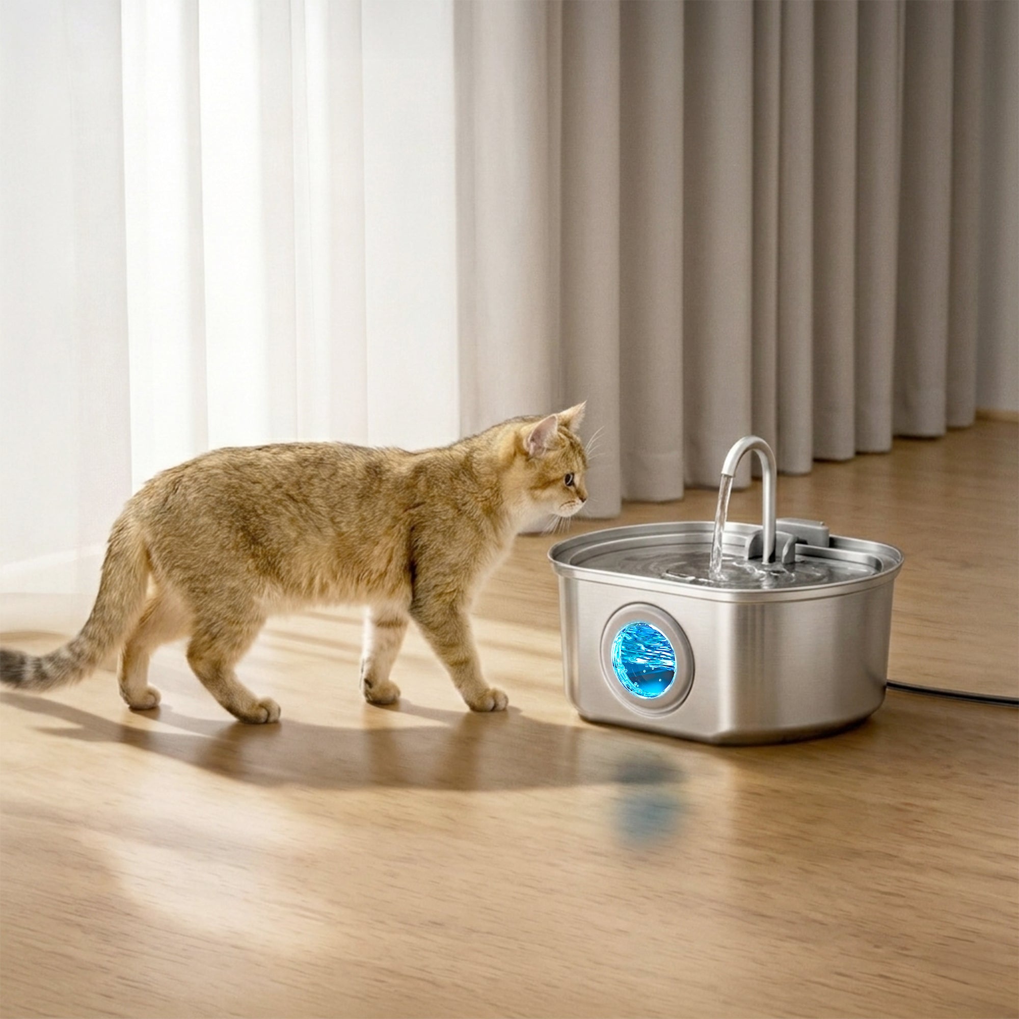 Oval Stainless Steel Cat Water Fountain - 108oz/3.2L with Water