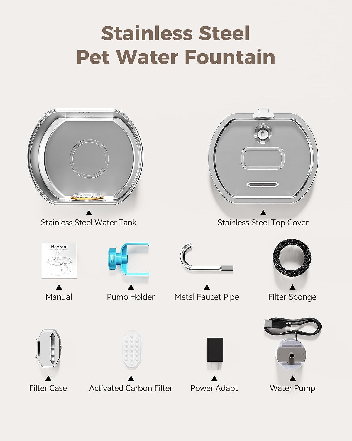 Fuente de agua para gatos de acero inoxidable: fuente de agua automática para mascotas, dispensador de agua para perros con ventana de nivel de agua, para gatos en el interior 