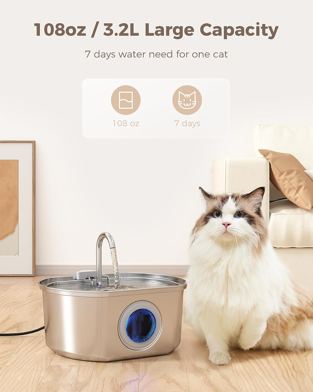 Fuente de agua para gatos de acero inoxidable: fuente de agua automática para mascotas, dispensador de agua para perros con ventana de nivel de agua, para gatos en el interior 