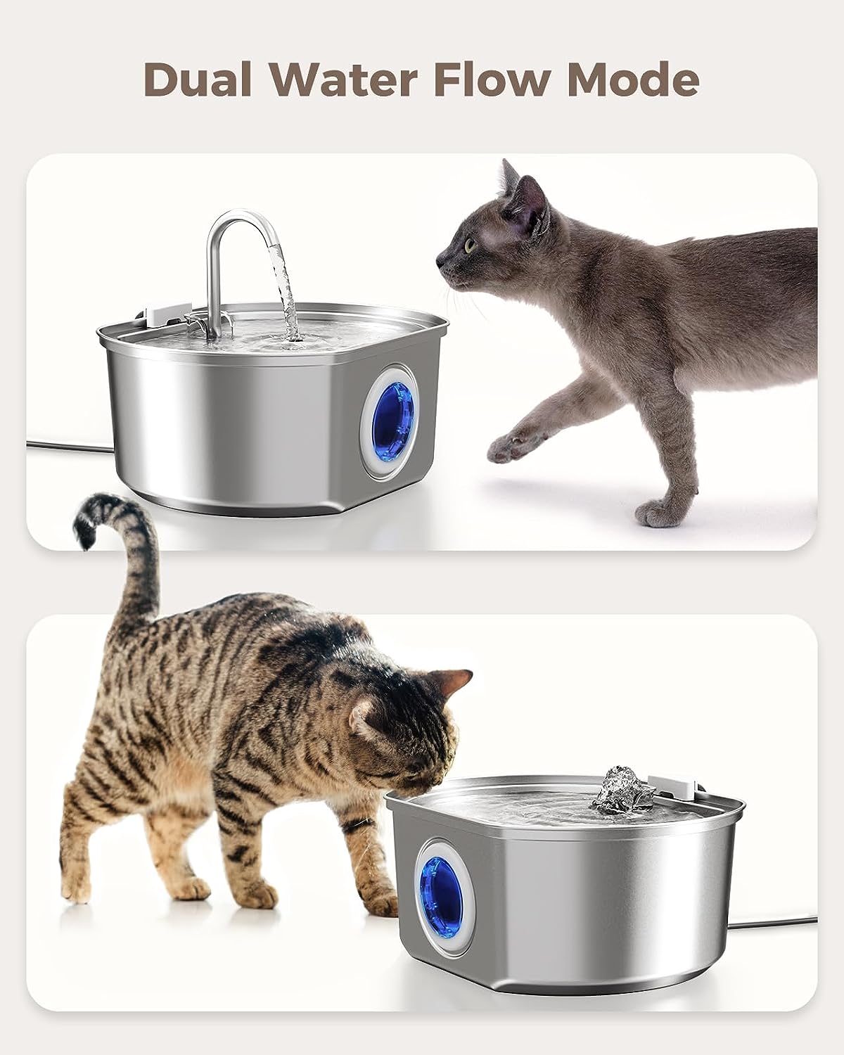 Fuente de agua para gatos de acero inoxidable: fuente de agua automática para mascotas, dispensador de agua para perros con ventana de nivel de agua, para gatos en el interior 