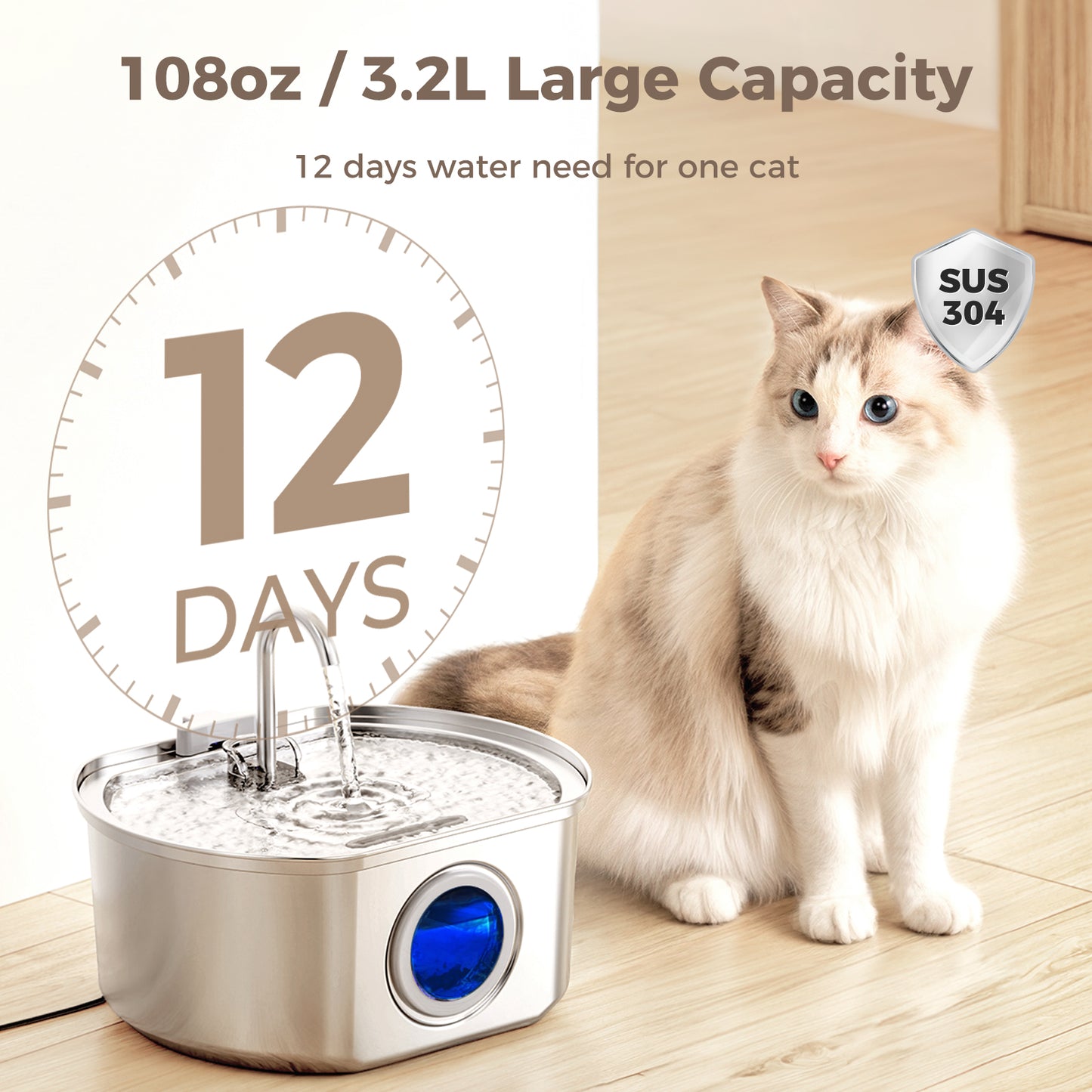 Oval Stainless Steel Cat Water Fountain - 108oz/3.2L with 4 Filters