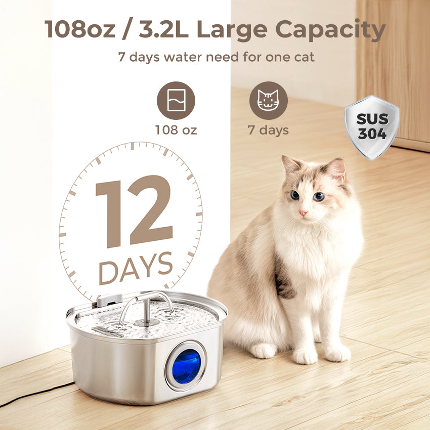 Oval Duo Cat Water Fountain Stainless Steel - 108oz/3.2L Watering Level Window