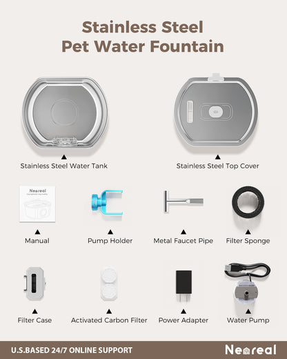 Oval Duo Cat Water Fountain Stainless Steel - 3.2L/108oz Automatic Water Dispenser with Watering Level Window (1 Filter)